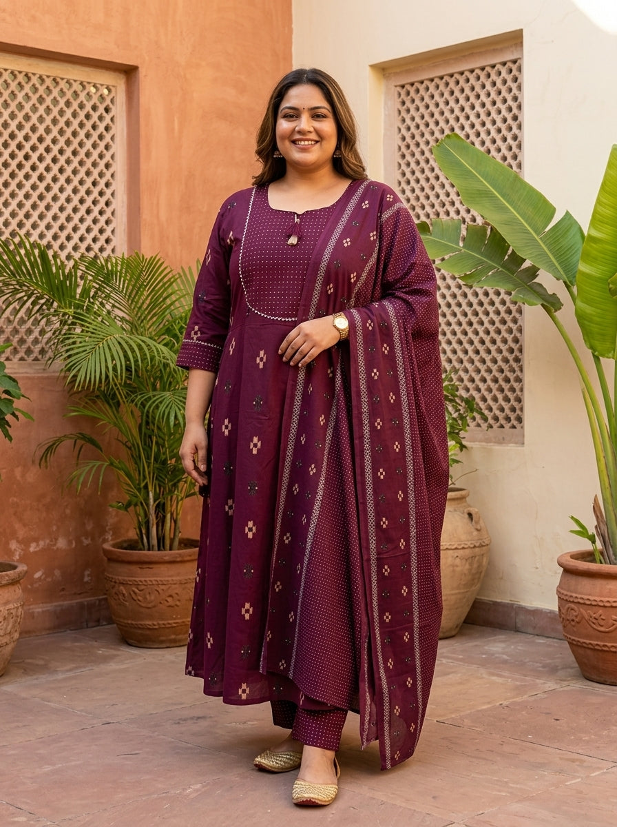 Purple Cotton Printed Flared Anarkali Pant Set with Dupatta Plus Size-210033