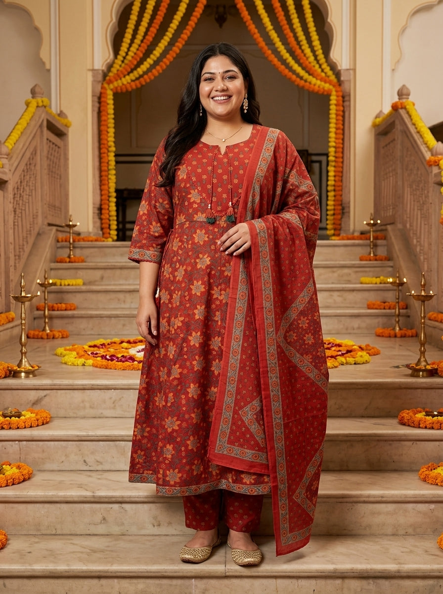 Plus Size Red Cotton Printed Flared Anarkali Pant Set with Dupatta-210034