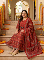 Plus Size Red Cotton Printed Flared Anarkali Pant Set with Dupatta-210034