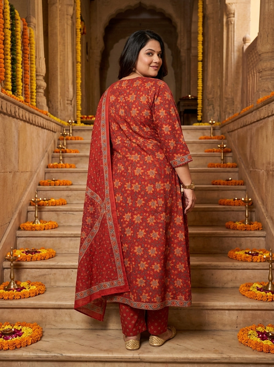 Plus Size Red Cotton Printed Flared Anarkali Pant Set with Dupatta-210034