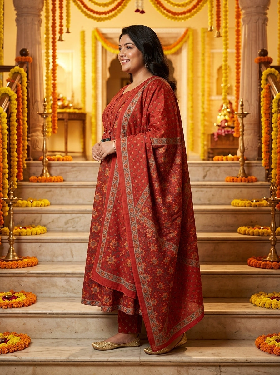 Plus Size Red Cotton Printed Flared Anarkali Pant Set with Dupatta-210034