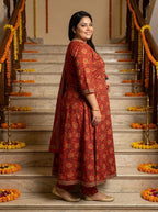 Plus Size Red Cotton Printed Flared Anarkali Pant Set with Dupatta-210034
