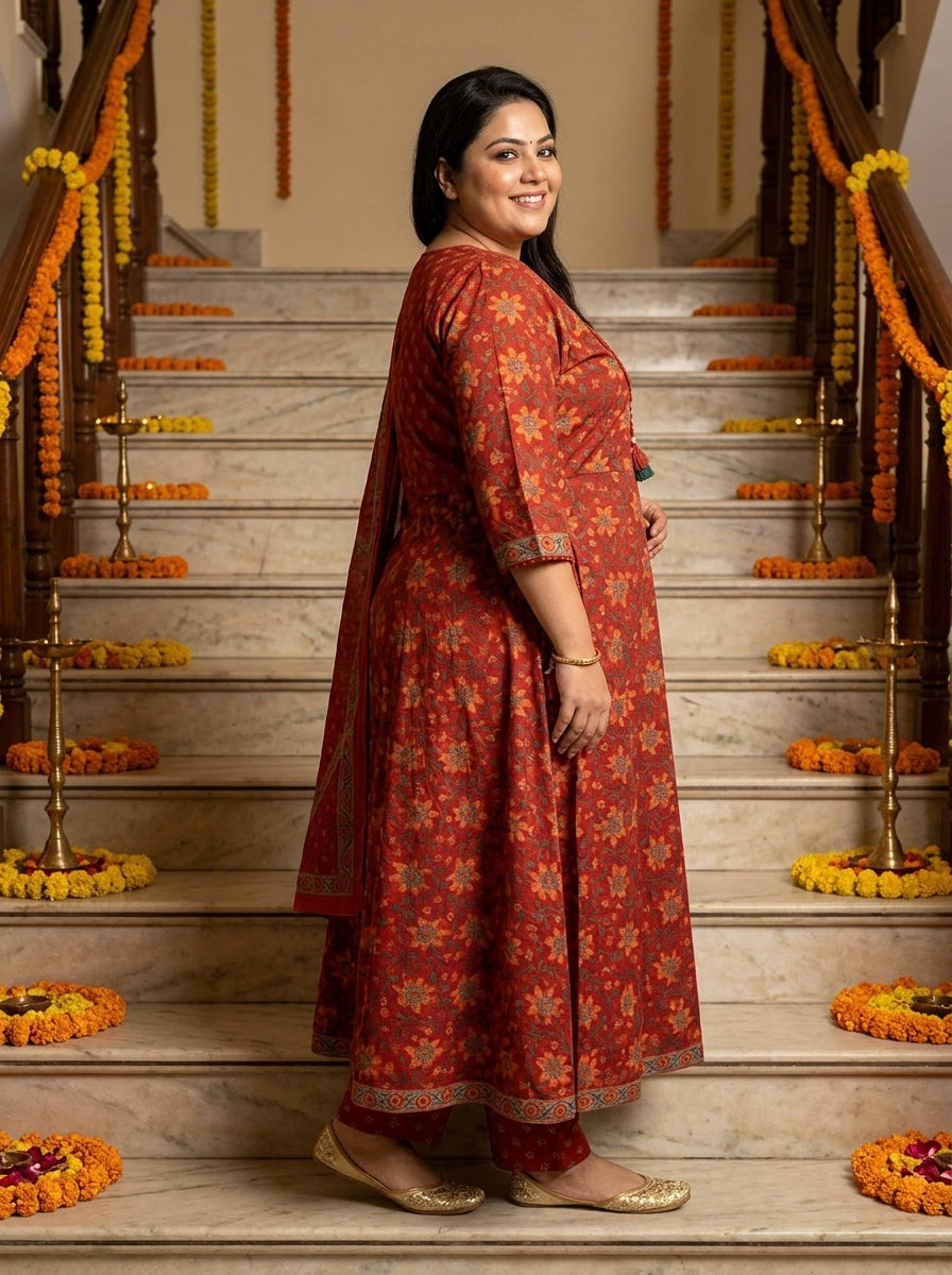 Plus Size Red Cotton Printed Flared Anarkali Pant Set with Dupatta-210034