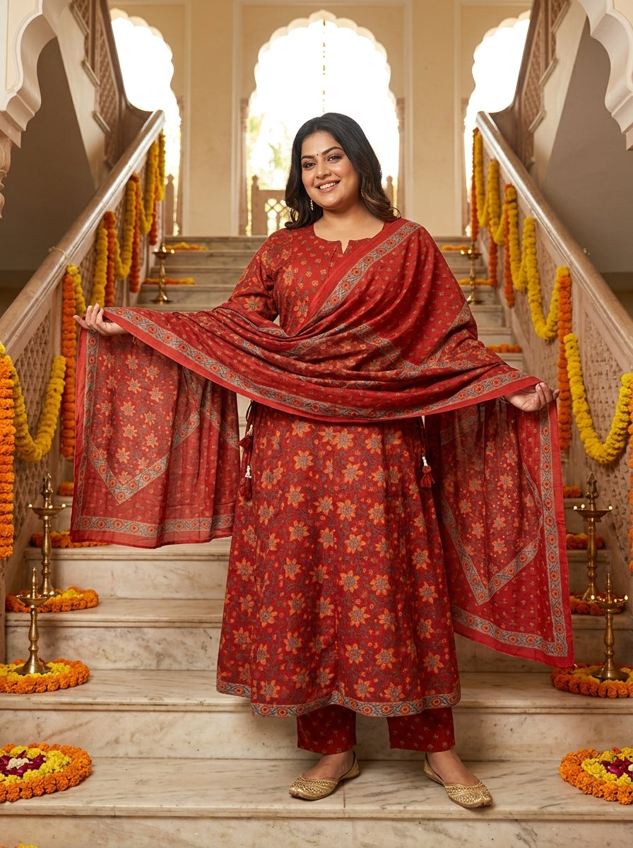 Plus Size Red Cotton Printed Flared Anarkali Pant Set with Dupatta-210034