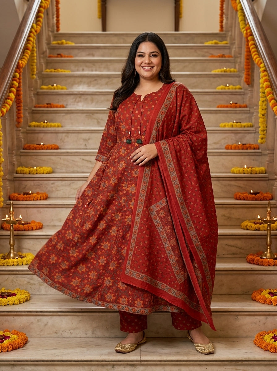 Plus Size Red Cotton Printed Flared Anarkali Pant Set with Dupatta-210034 Main image