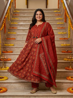 Plus Size Red Cotton Printed Flared Anarkali Pant Set with Dupatta-210034