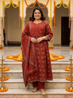 Plus Size Red Cotton Printed Flared Anarkali Pant Set with Dupatta-210034