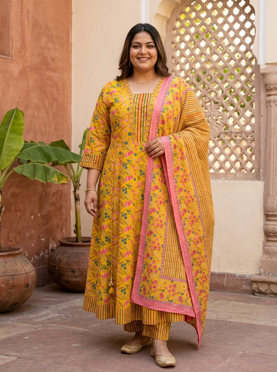 Yellow Embroidered  Anarkali Pant Set with Dupatta-230002