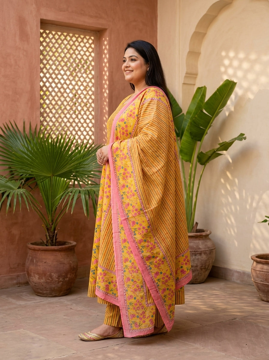 Yellow Embroidered  Anarkali Pant Set with Dupatta-230002