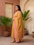 Yellow Embroidered  Anarkali Pant Set with Dupatta-230002