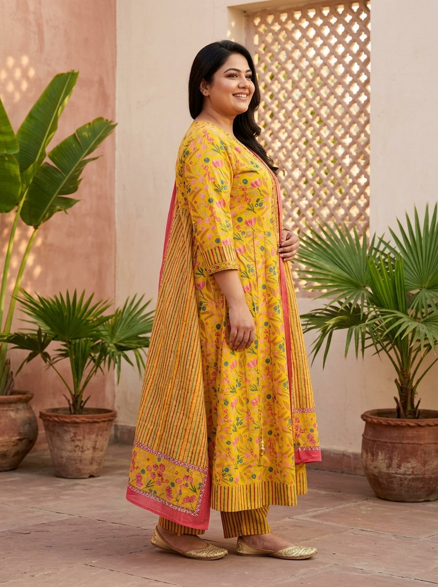 Yellow Embroidered  Anarkali Pant Set with Dupatta-230002
