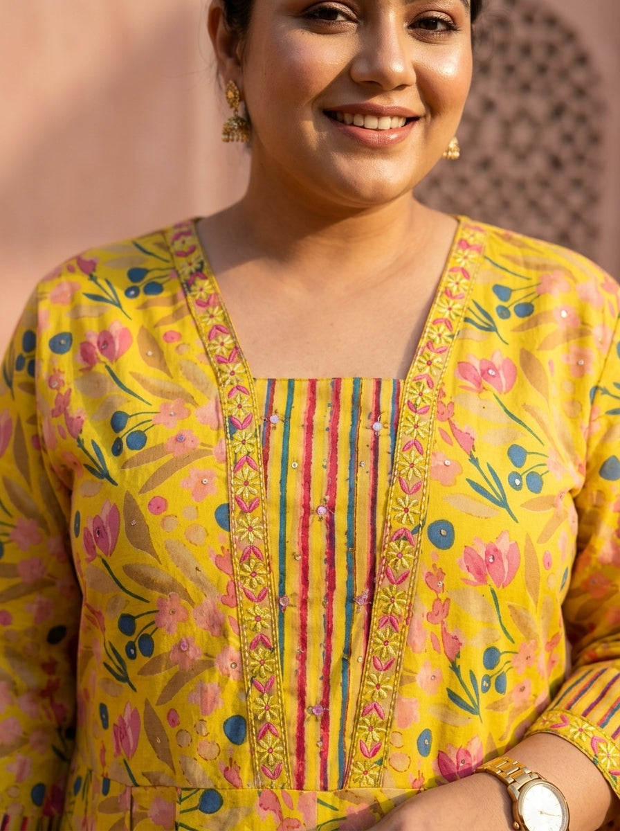 Yellow Embroidered  Anarkali Pant Set with Dupatta-230002
