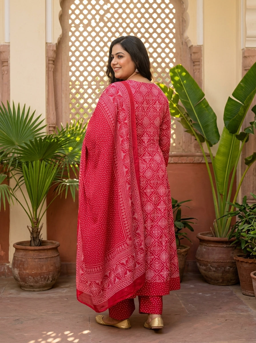 Red Embroidered  Anarkali Pant Set with Dupatta-230004