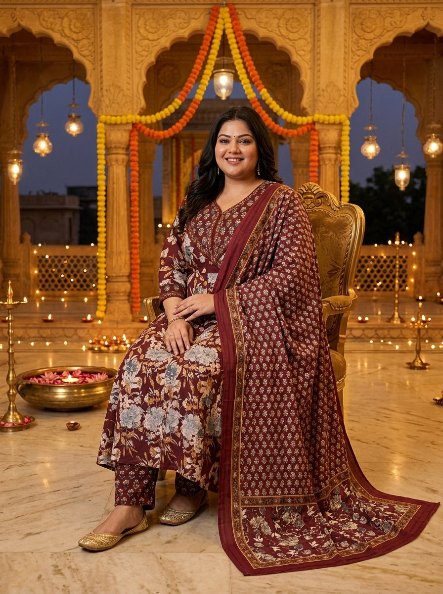 Purple Embroidered  Anarkali Pant Set with Dupatta-230005