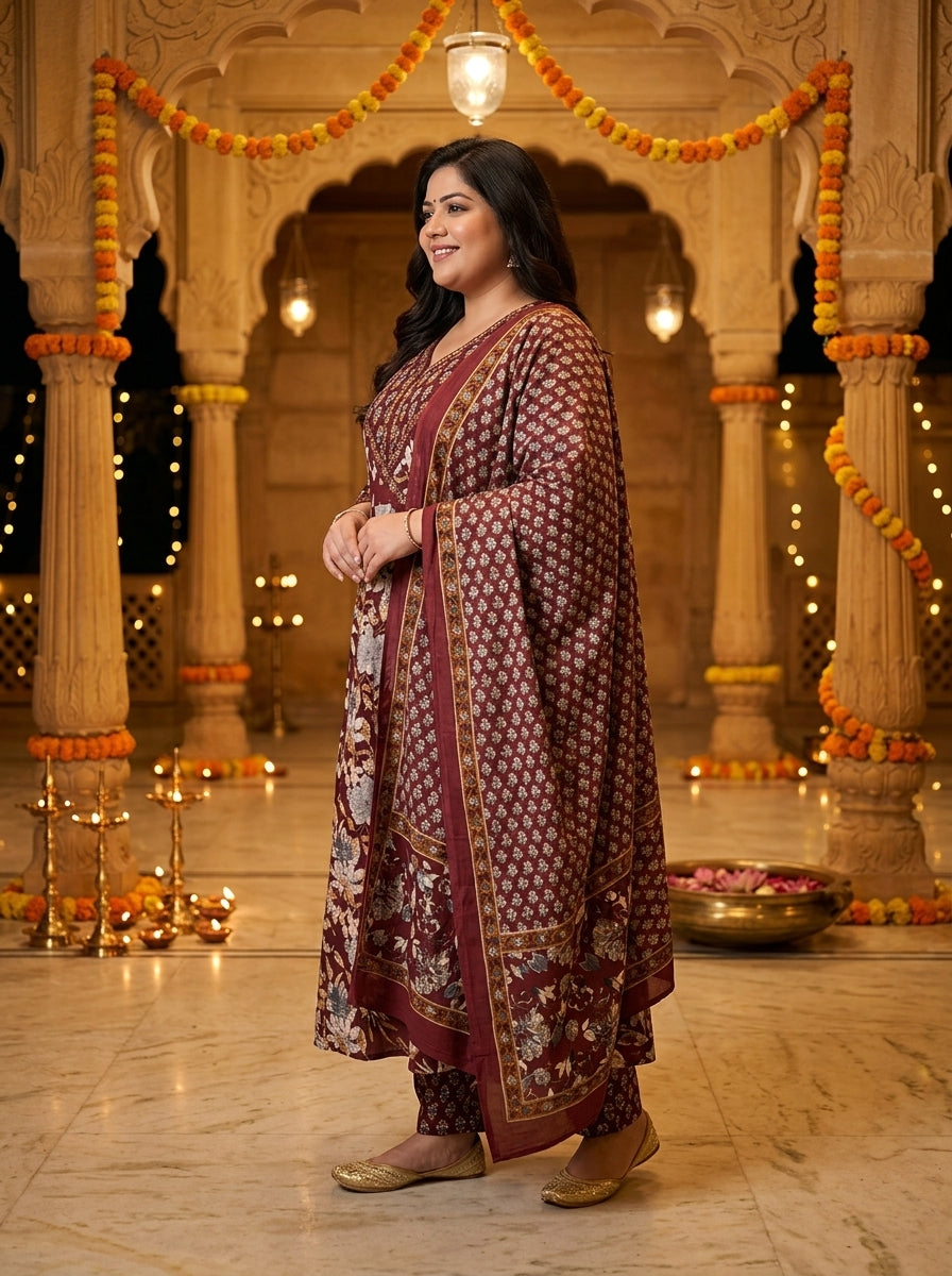 Purple Embroidered  Anarkali Pant Set with Dupatta-230005