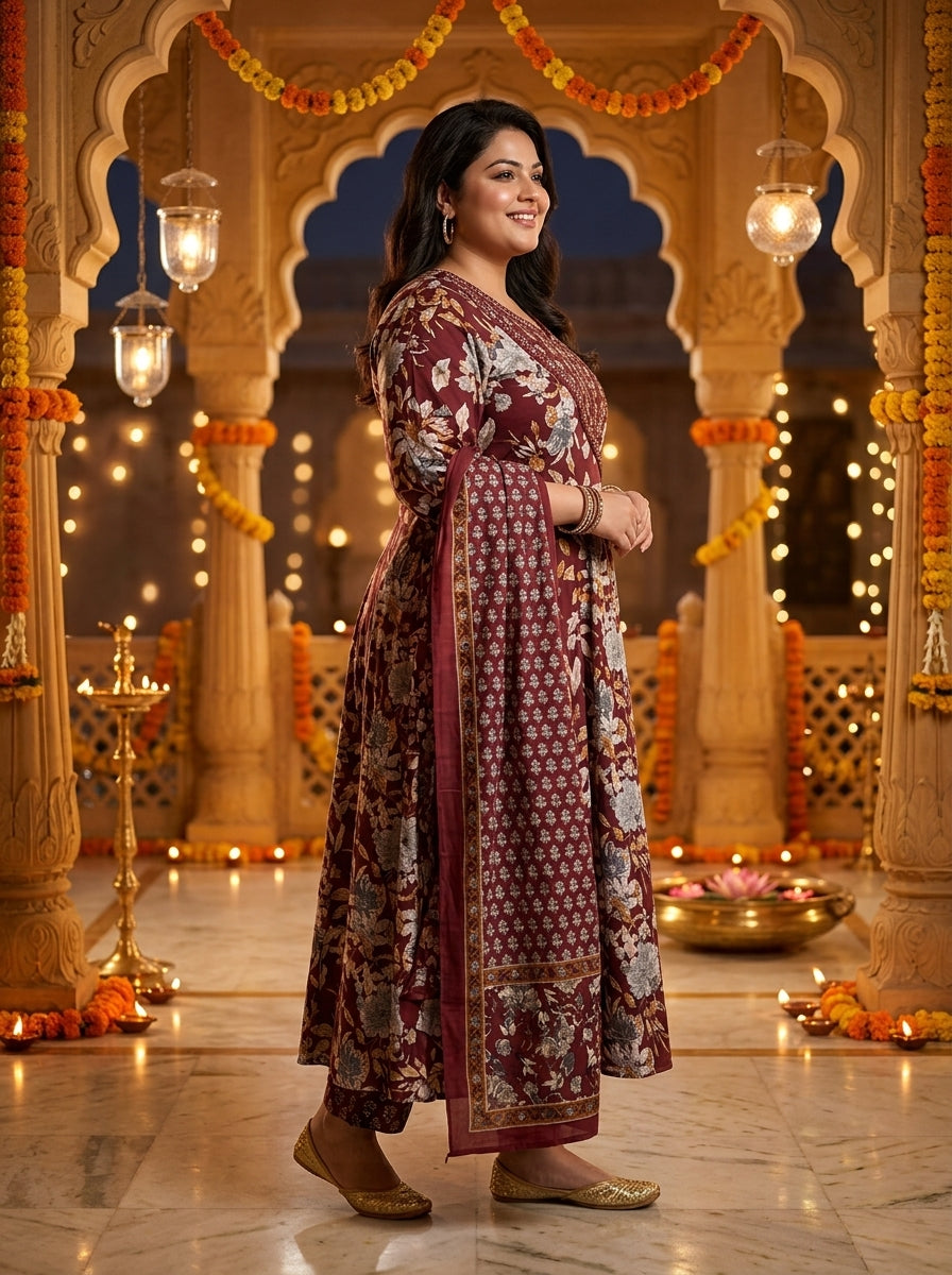 Purple Embroidered  Anarkali Pant Set with Dupatta-230005