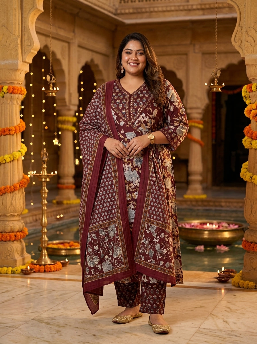 Purple Embroidered  Anarkali Pant Set with Dupatta-230005