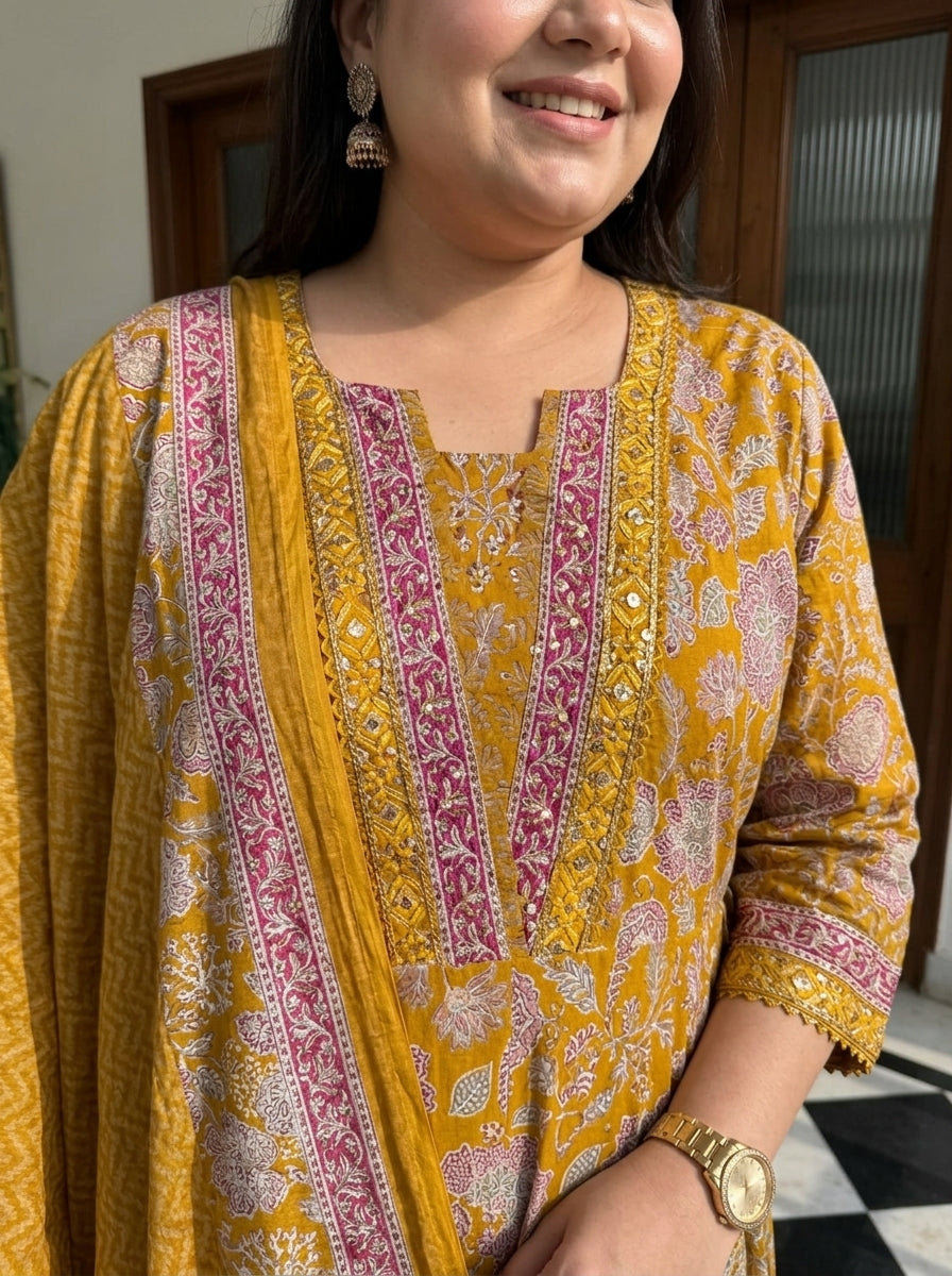 Mustard Embroidered  Anarkali Pant Set with Dupatta-230006