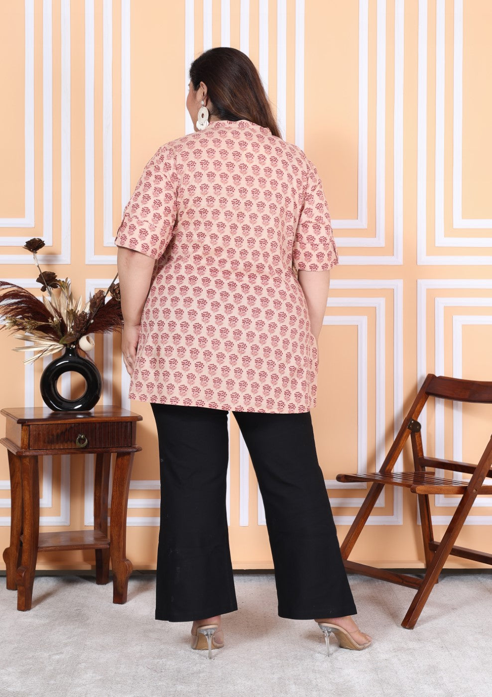 Plus Size Pink Cotton Printed Short Kurta-300006