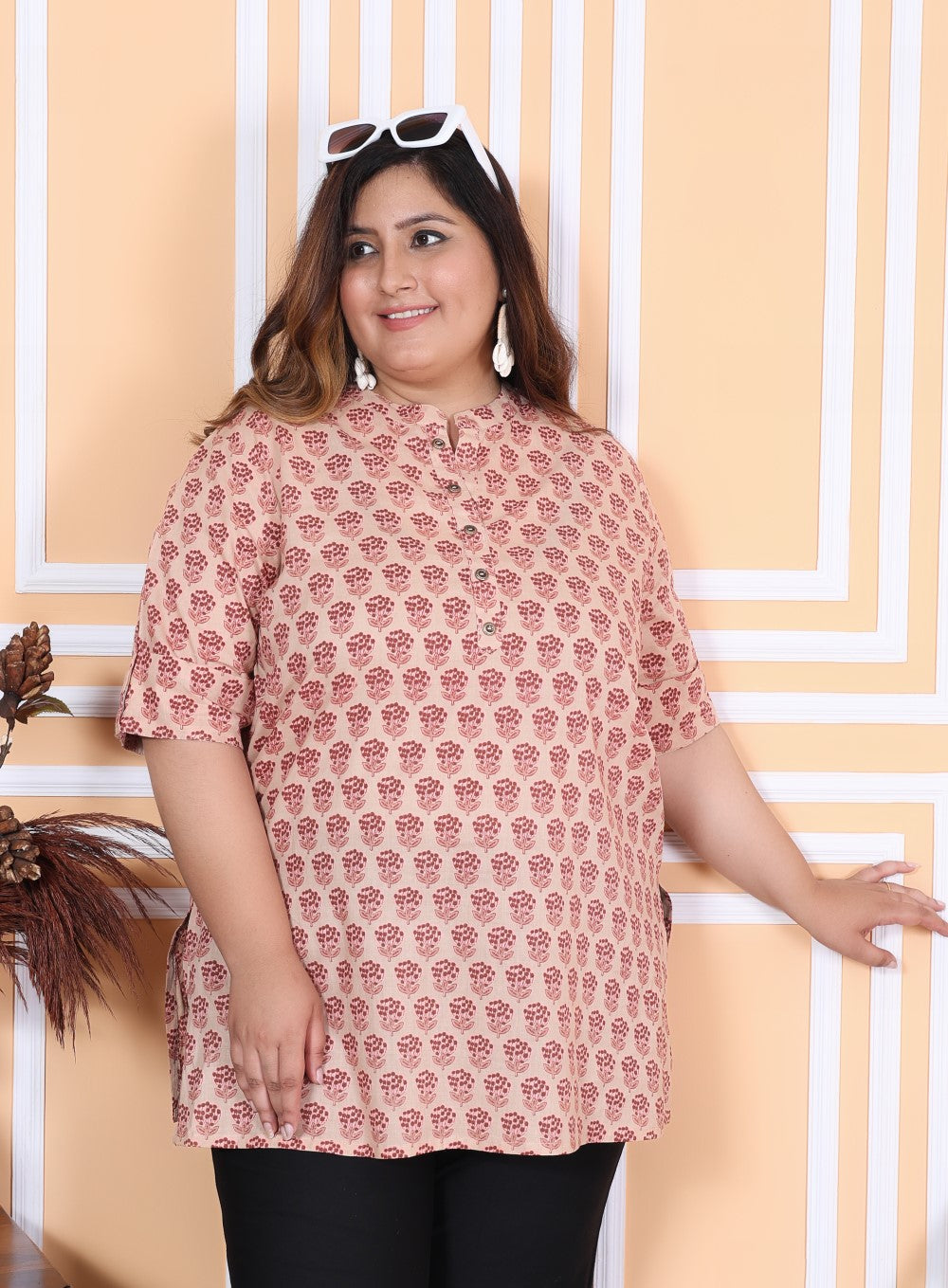 Plus Size Pink Cotton Printed Short Kurta-300006