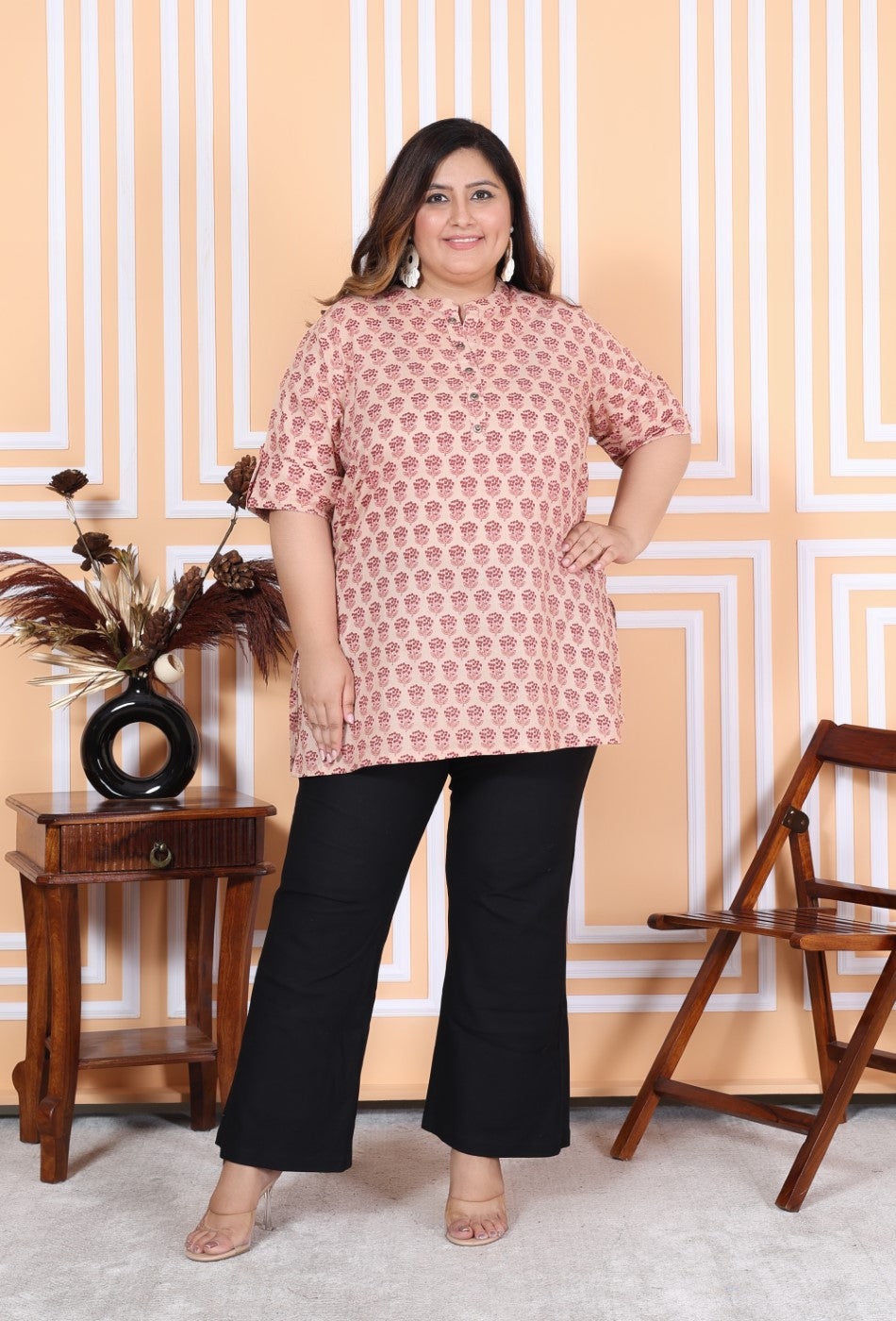 Plus Size Pink Cotton Printed Short Kurta-300006