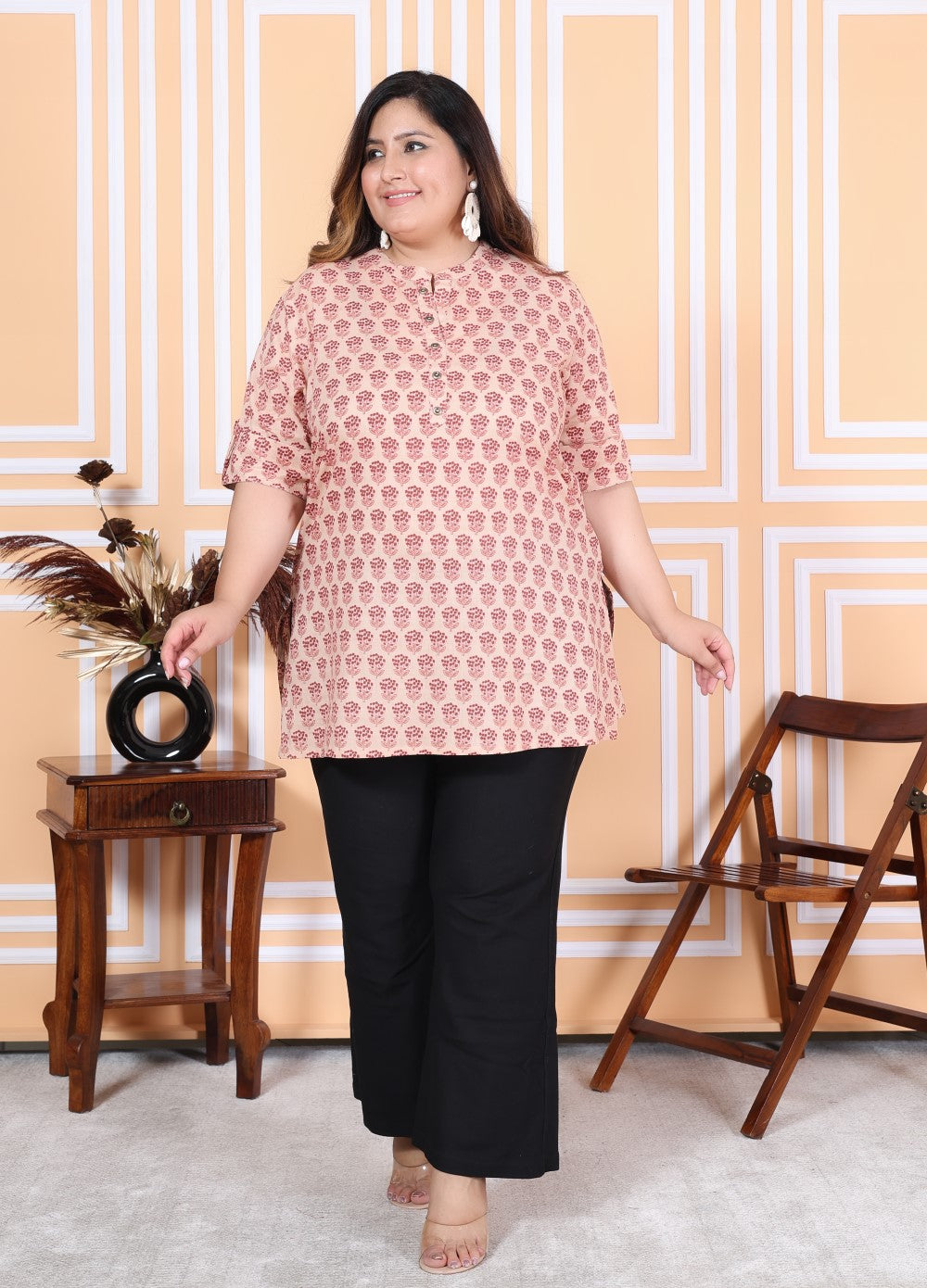 Plus Size Pink Cotton Printed Short Kurta-300006