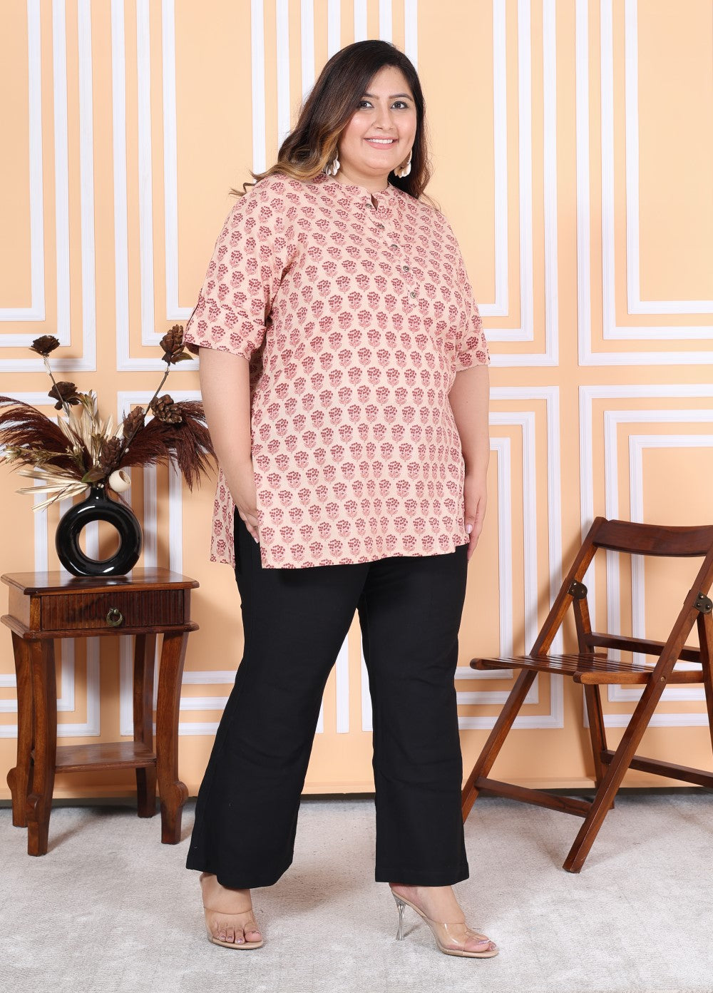 Plus Size Pink Cotton Printed Short Kurta-300006