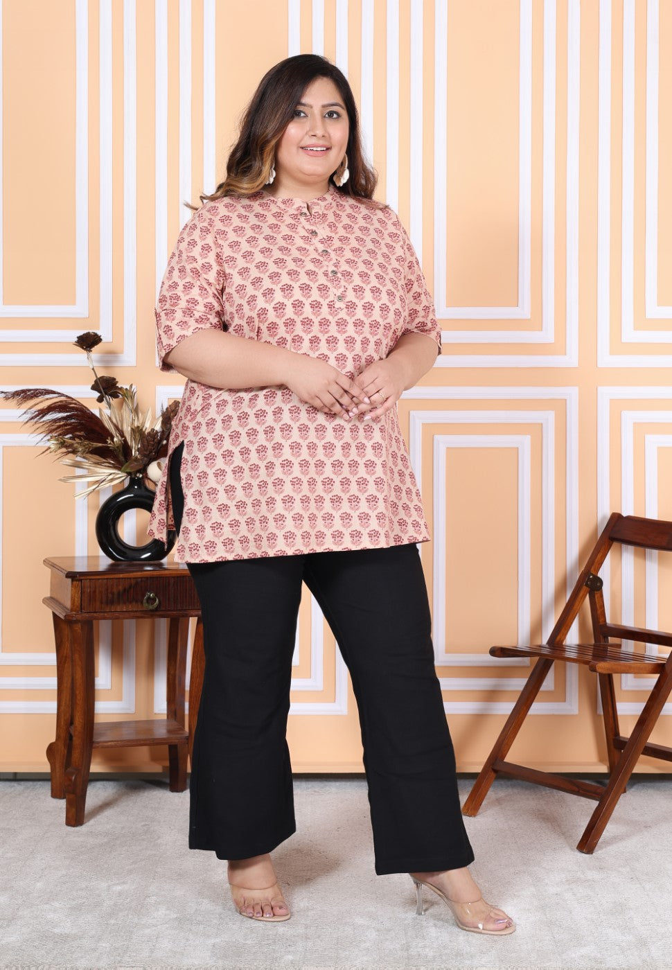 Plus Size Pink Cotton Printed Short Kurta-300006