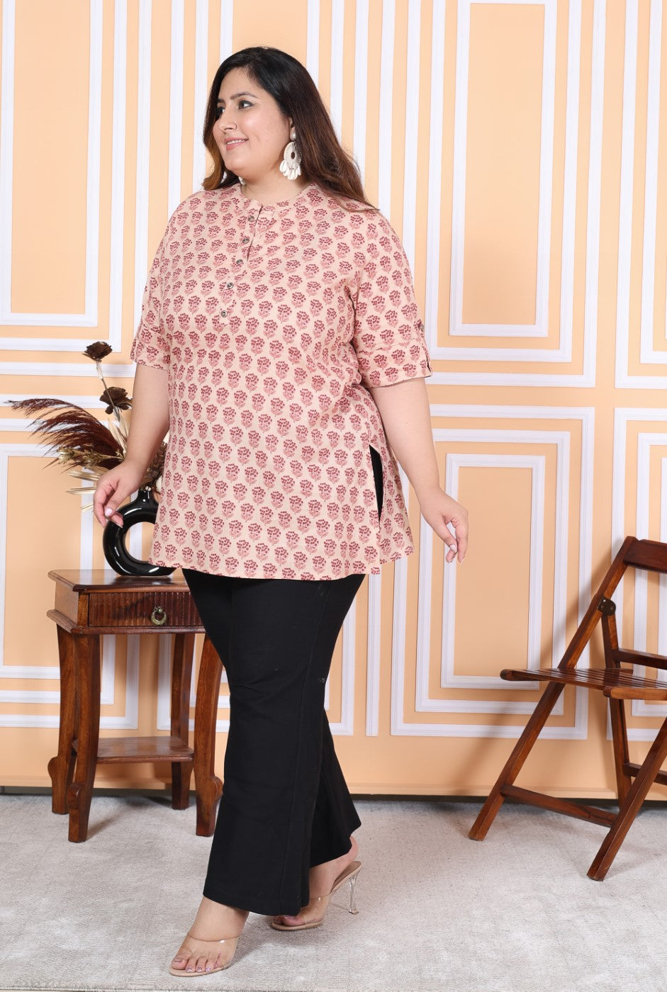 Plus Size Pink Cotton Printed Short Kurta-300006