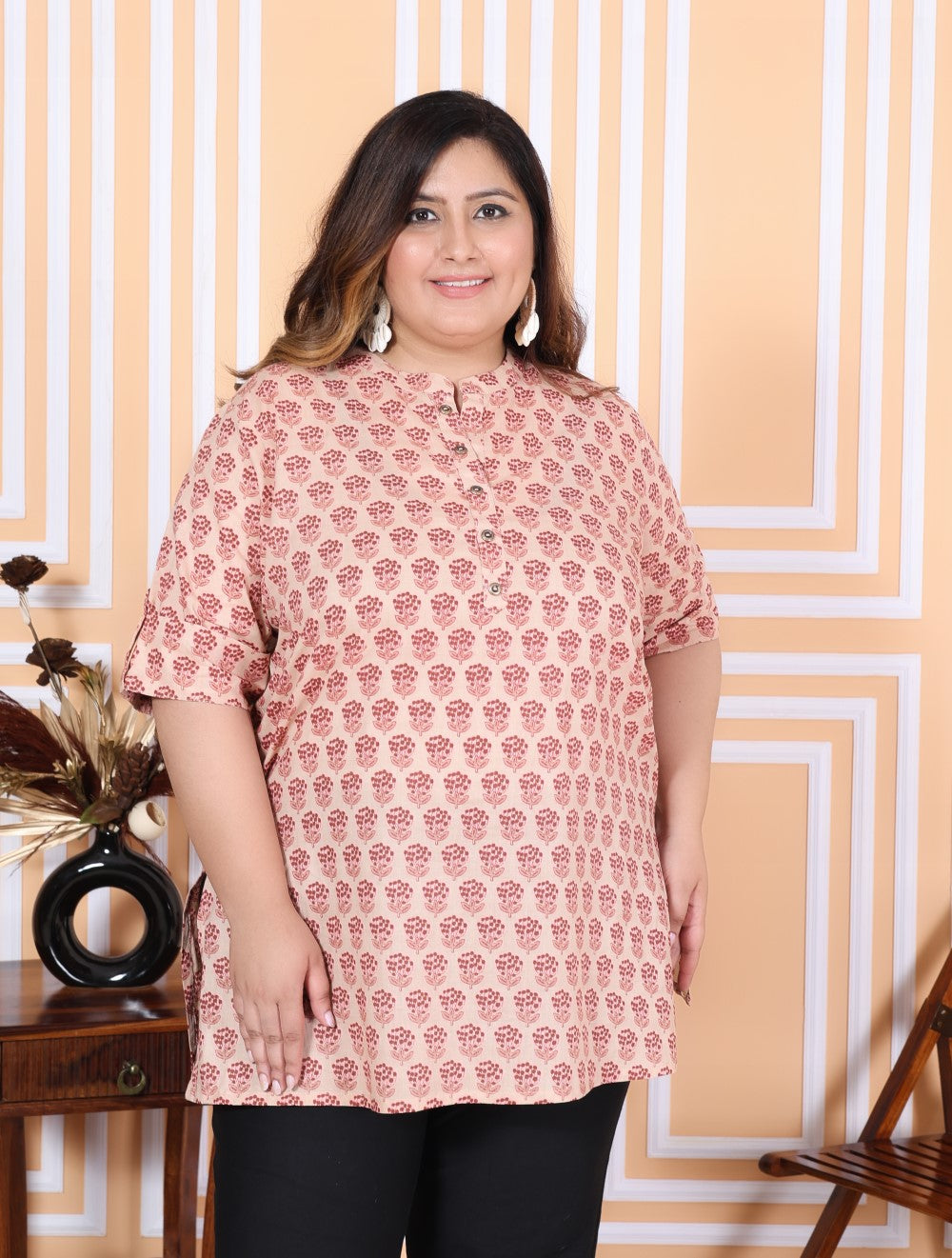 Plus Size Pink Cotton Printed Short Kurta-300006