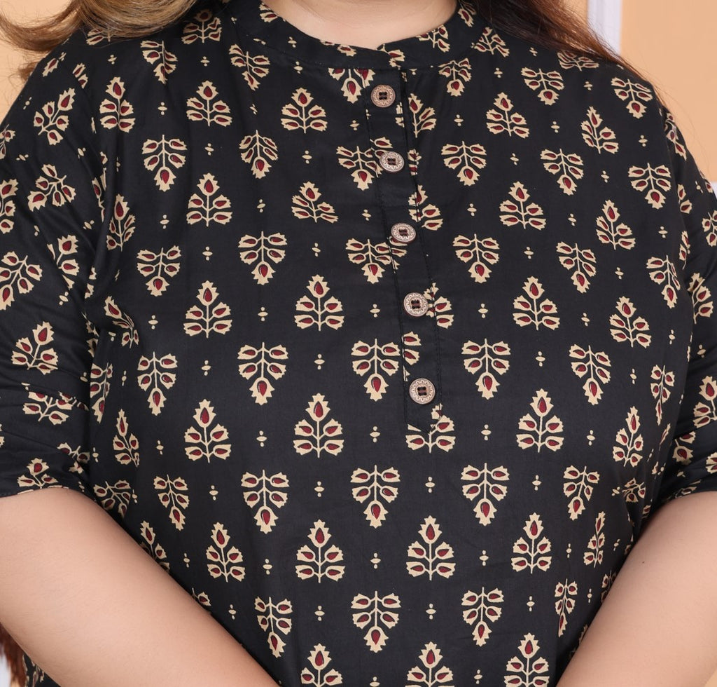 Plus Size Black Cotton Printed Short Kurta-300007