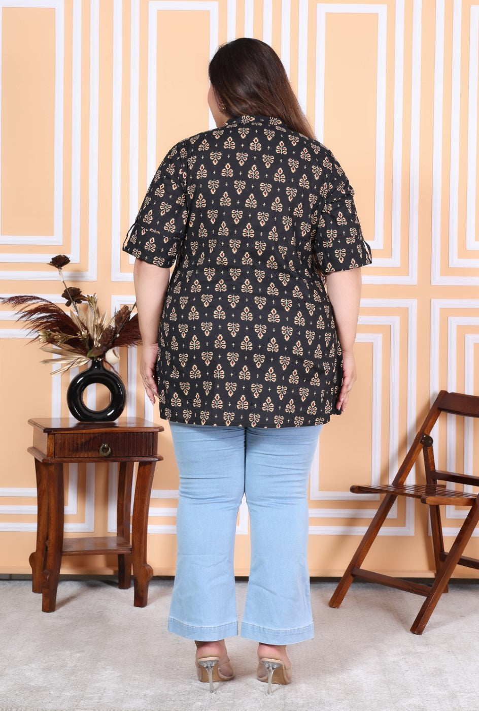 Plus Size Black Cotton Printed Short Kurta-300007