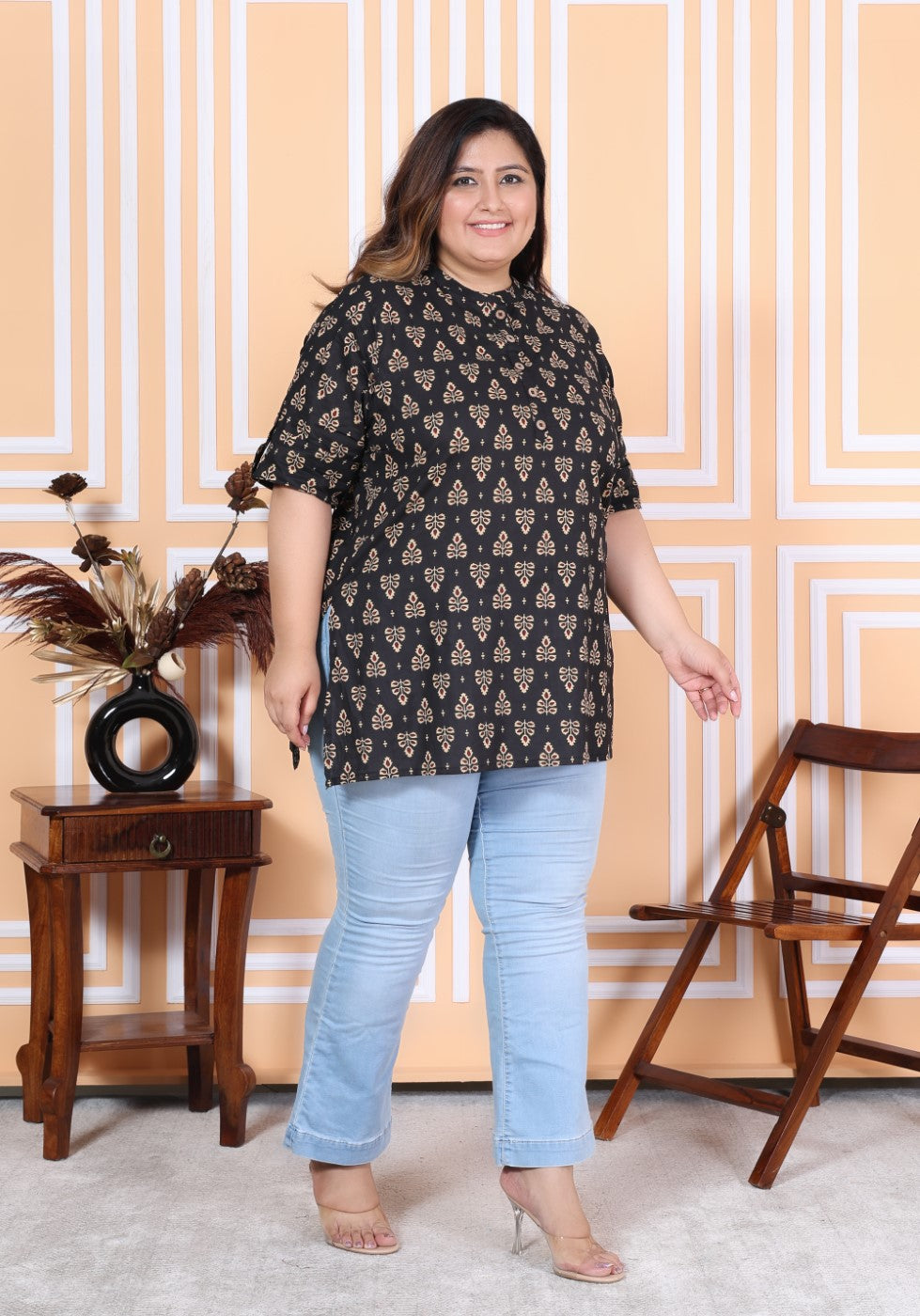 Plus Size Black Cotton Printed Short Kurta-300007