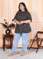 Plus Size Black Cotton Printed Short Kurta-300007
