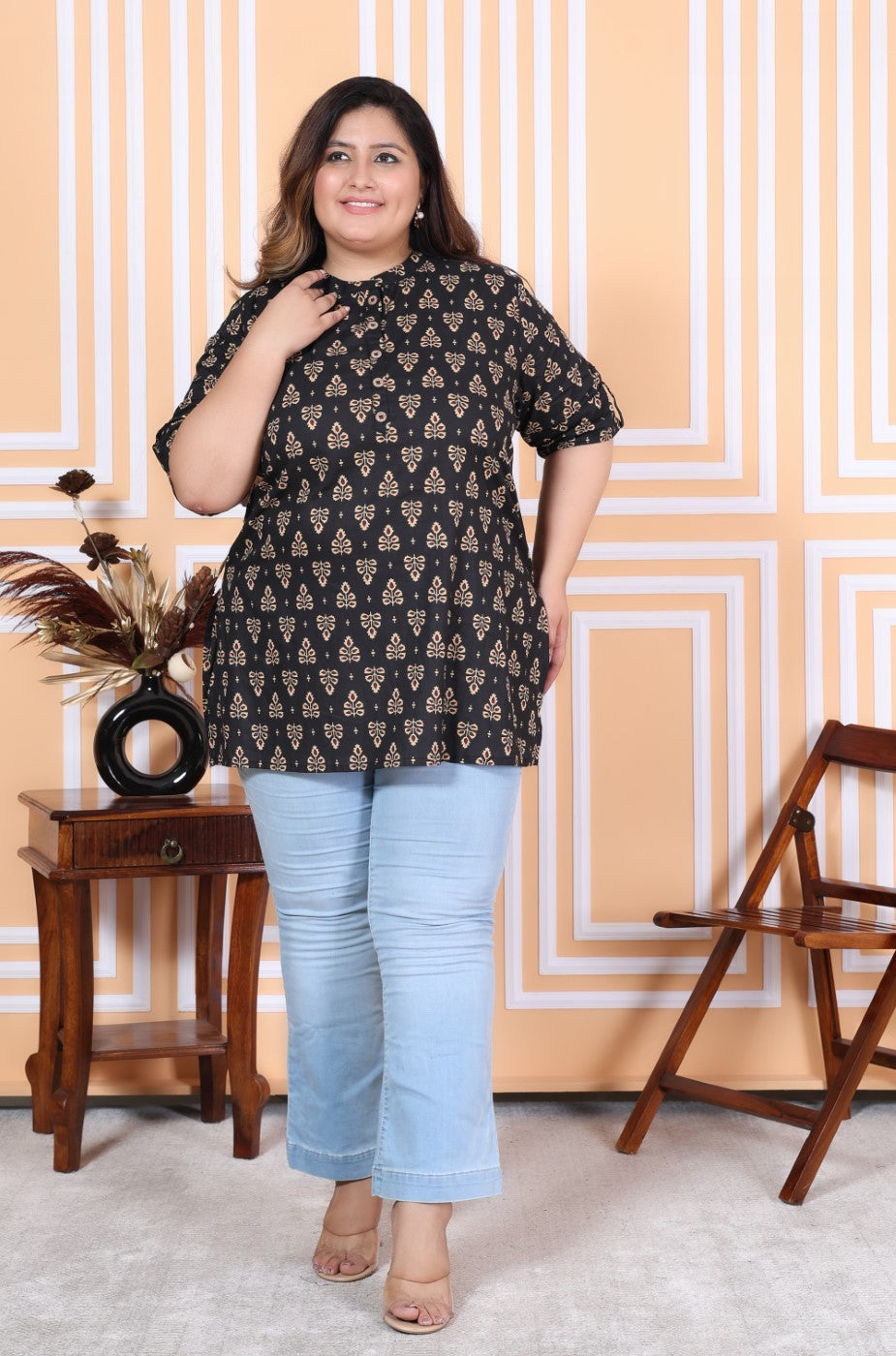 Plus Size Black Cotton Printed Short Kurta-300007