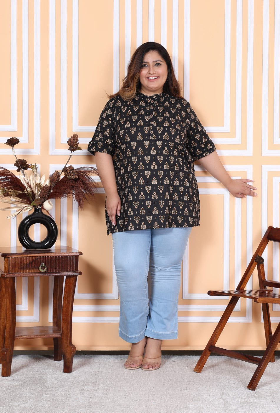 Plus Size Black Cotton Printed Short Kurta-300007