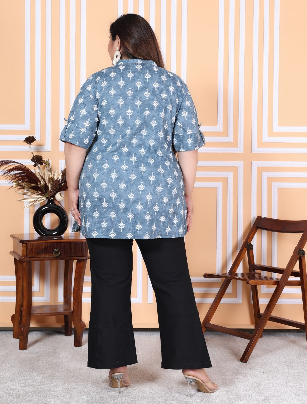 Plus Size Grey Cotton Printed Short Kurta-300009