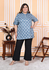 Plus Size Grey Cotton Printed Short Kurta-300009