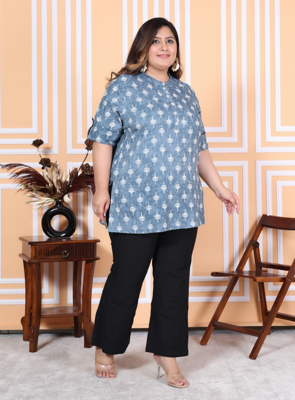 Plus Size Grey Cotton Printed Short Kurta-300009