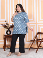 Plus Size Grey Cotton Printed Short Kurta-300009