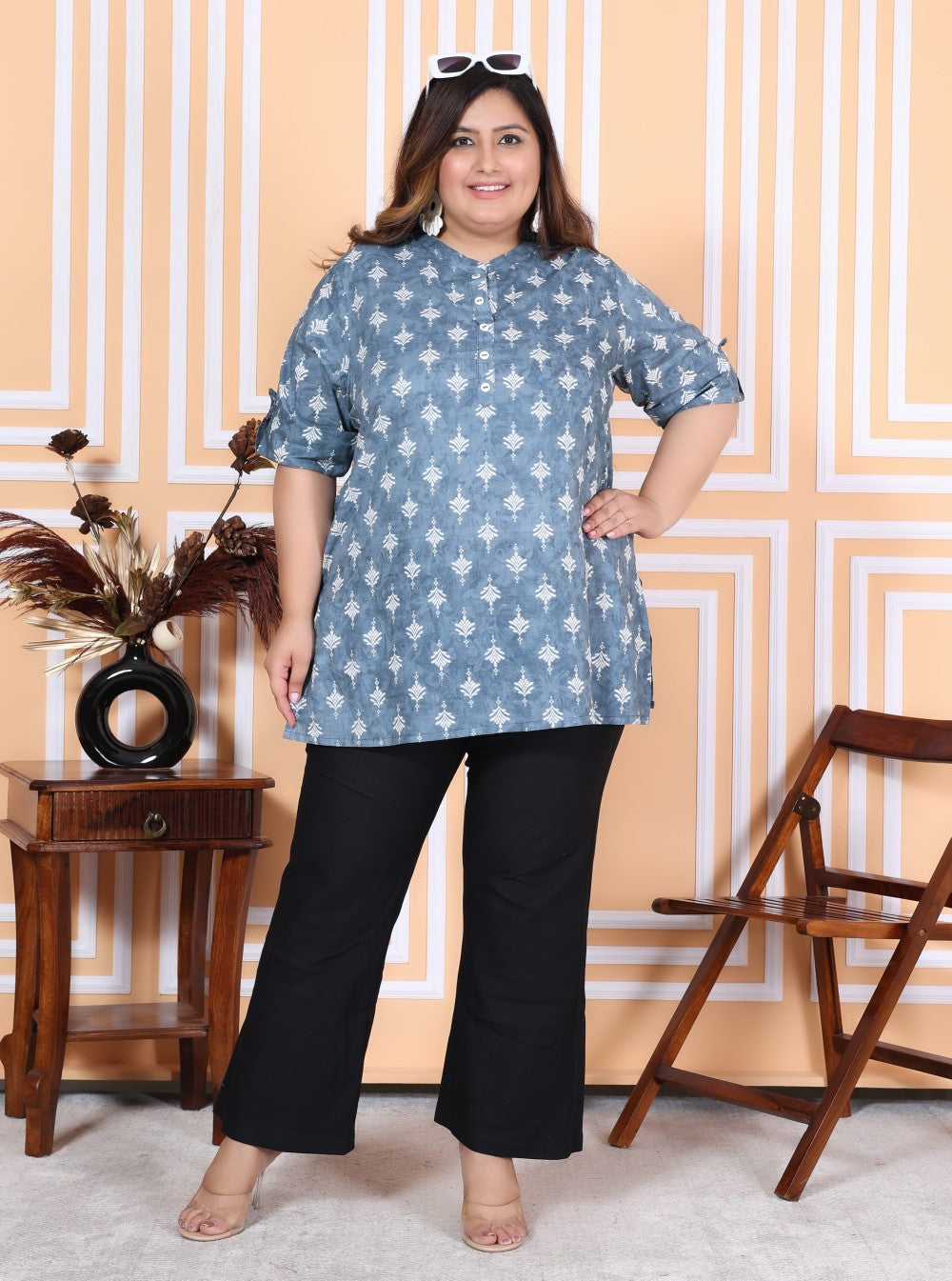 Plus Size Grey Cotton Printed Short Kurta-300009