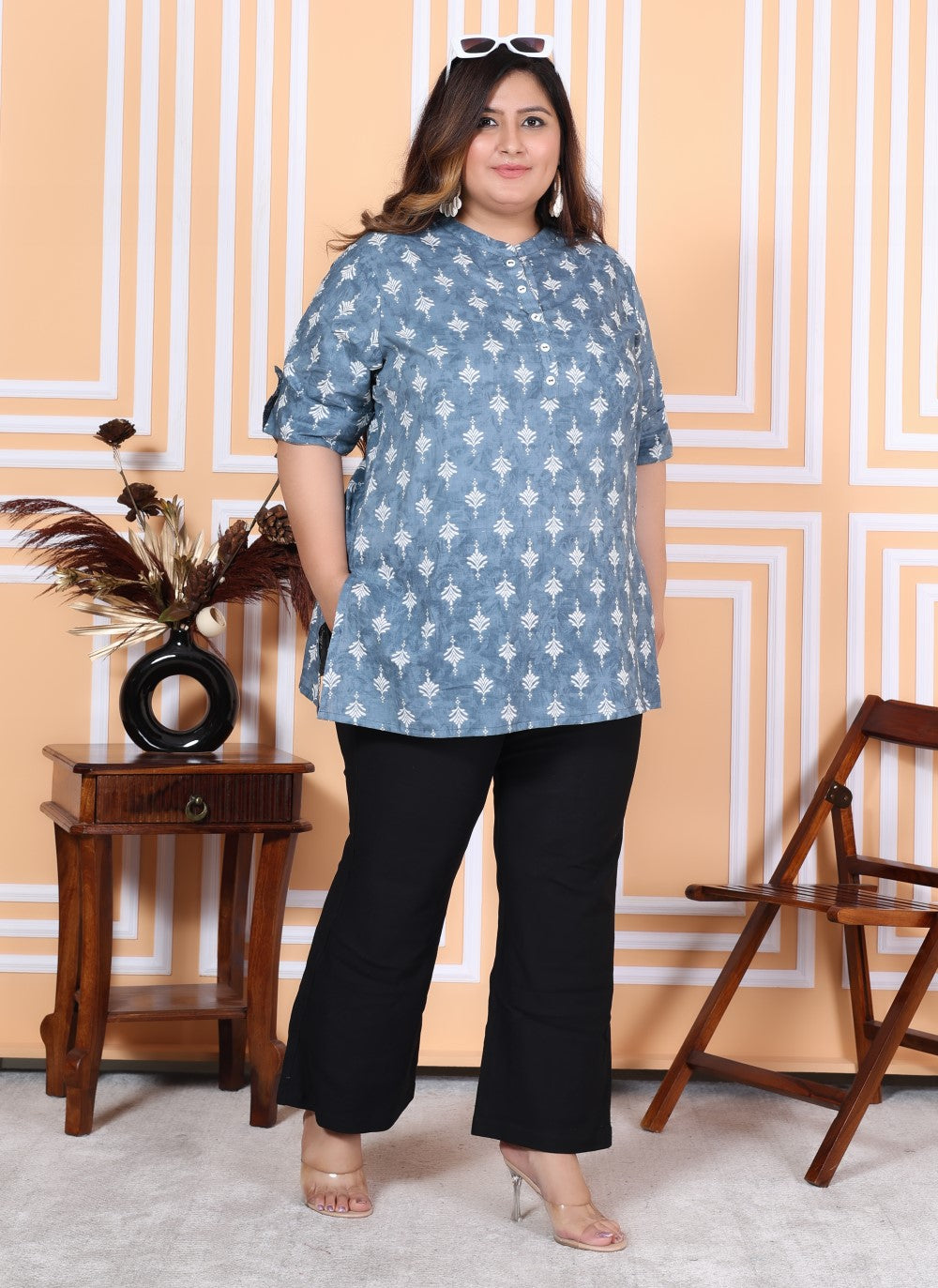 Plus Size Grey Cotton Printed Short Kurta-300009