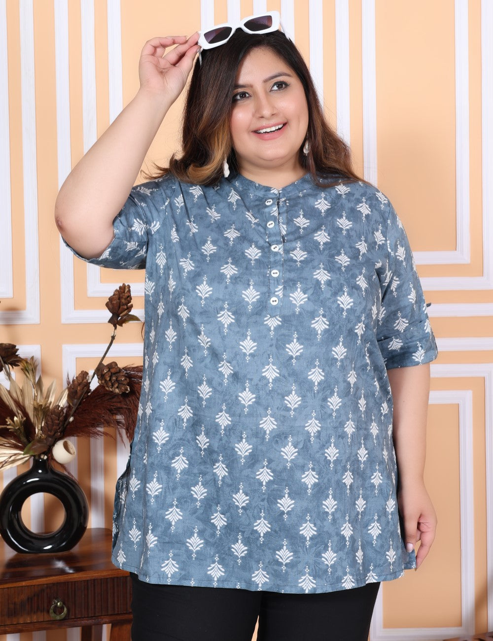 Plus Size Grey Cotton Printed Short Kurta-300009