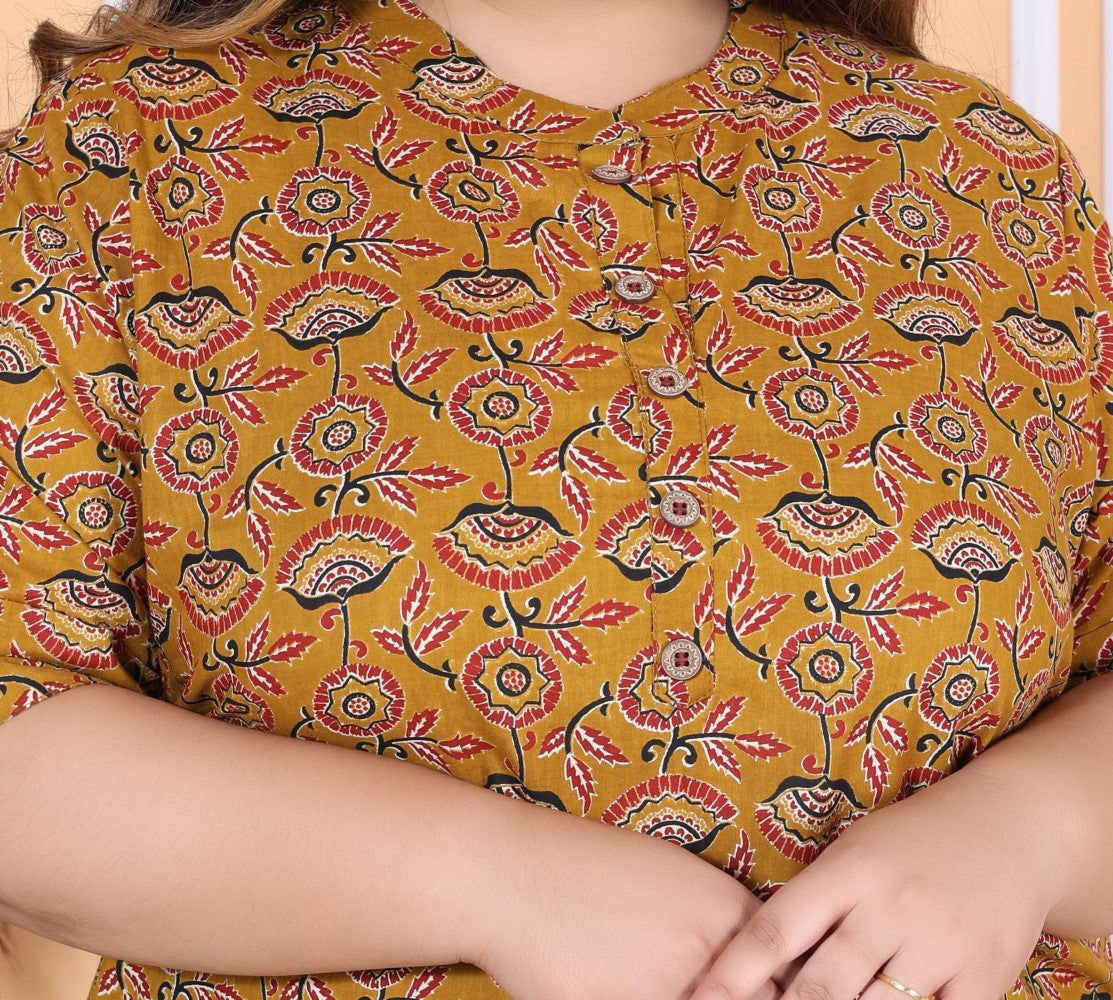 Plus Size Mustard Cotton  Floral Print Short Kurta-300011