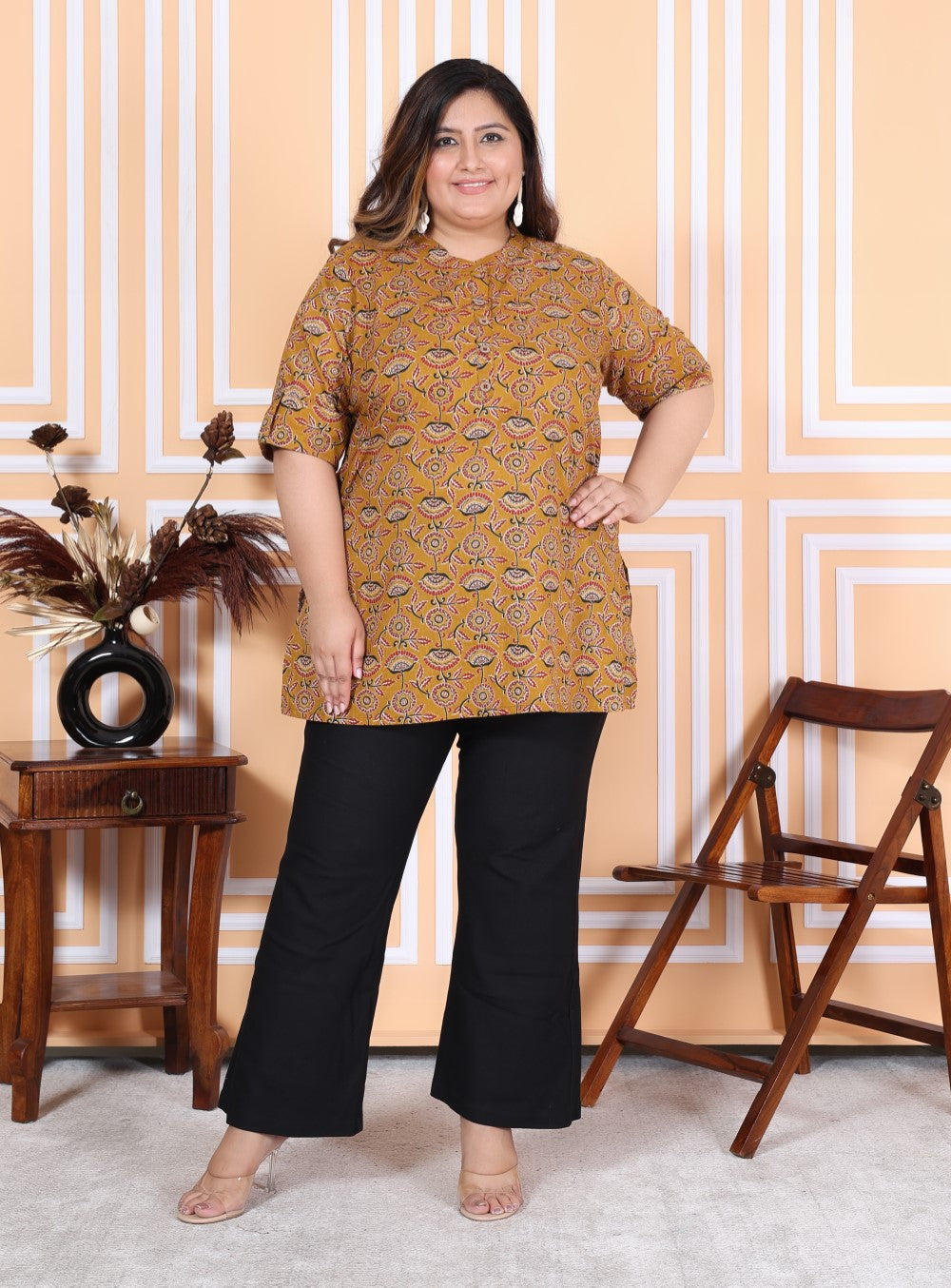 Plus Size Mustard Cotton  Floral Print Short Kurta-300011 Secondary image