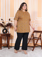 Plus Size Mustard Cotton  Floral Print Short Kurta-300011