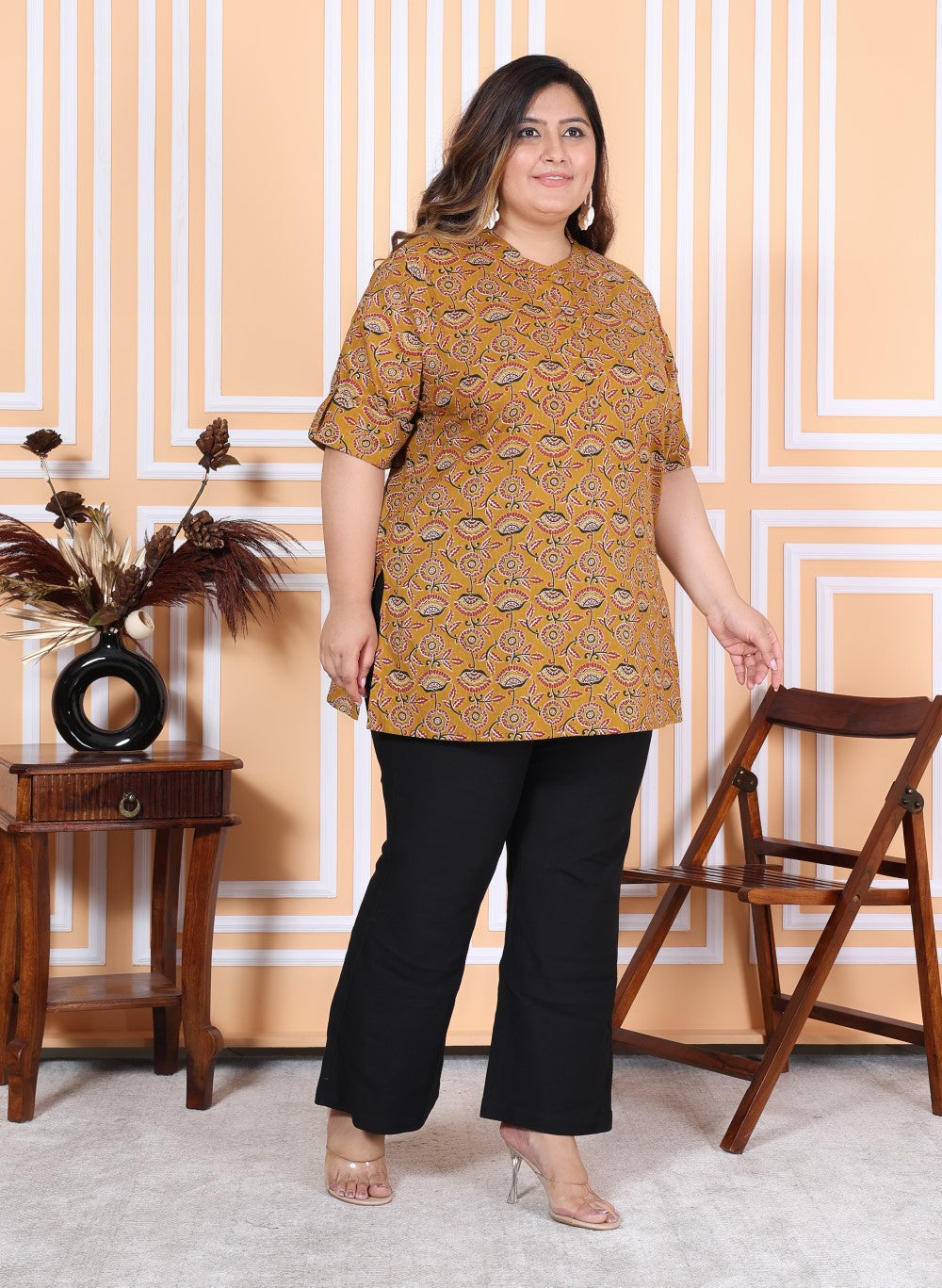 Plus Size Mustard Cotton  Floral Print Short Kurta-300011