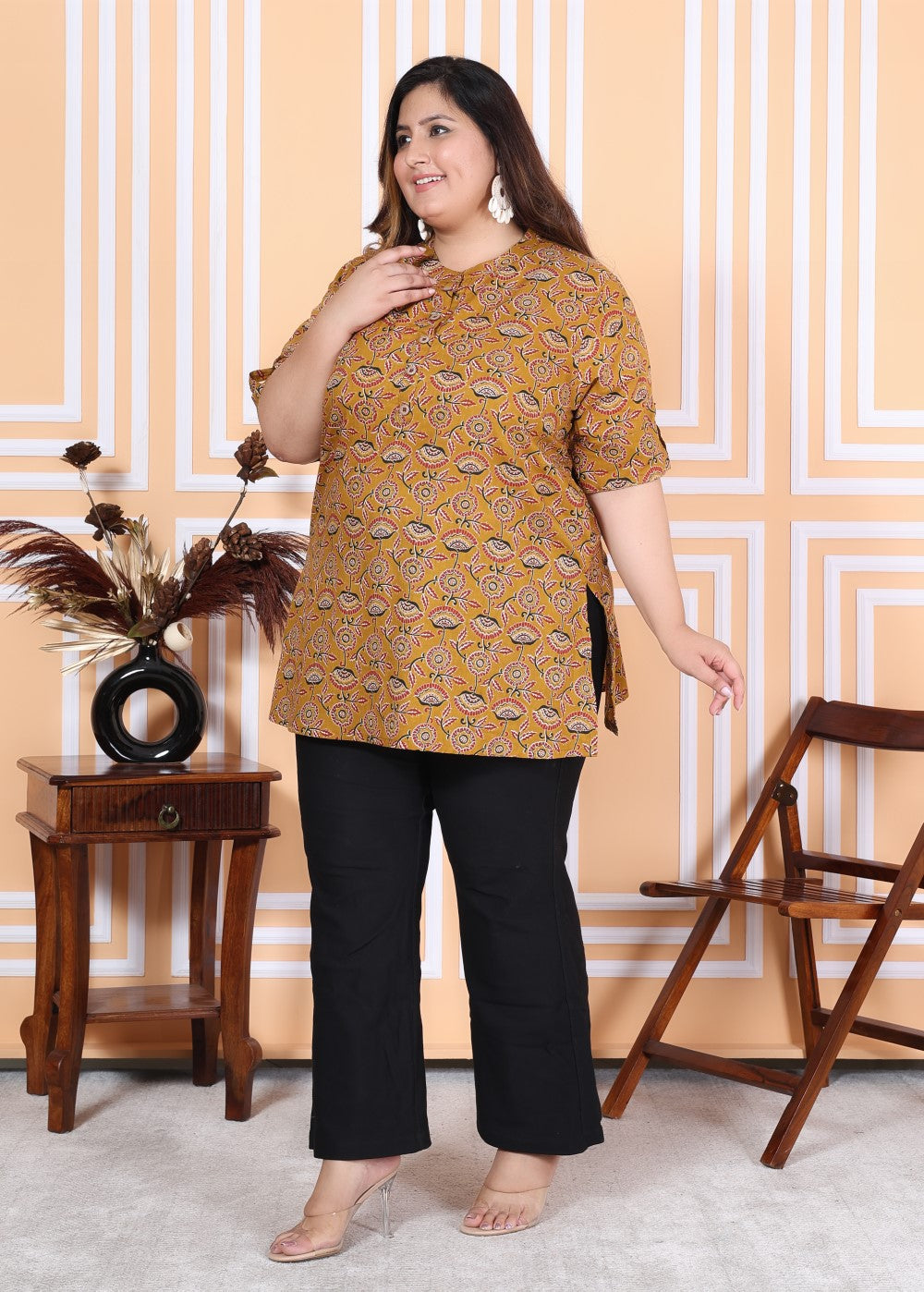 Plus Size Mustard Cotton  Floral Print Short Kurta-300011