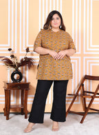 Plus Size Mustard Cotton  Floral Print Short Kurta-300011