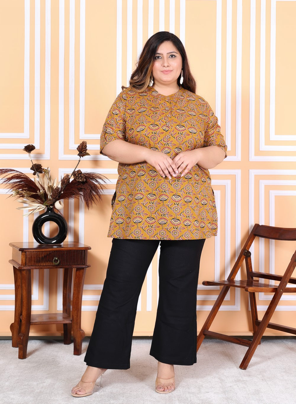 Plus Size Mustard Cotton  Floral Print Short Kurta-300011